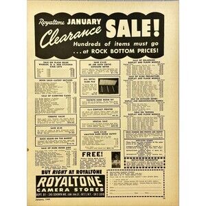 Royaltone Camera Stores "January 1949 Clerance Sale!" Vintage Print Ad 1949